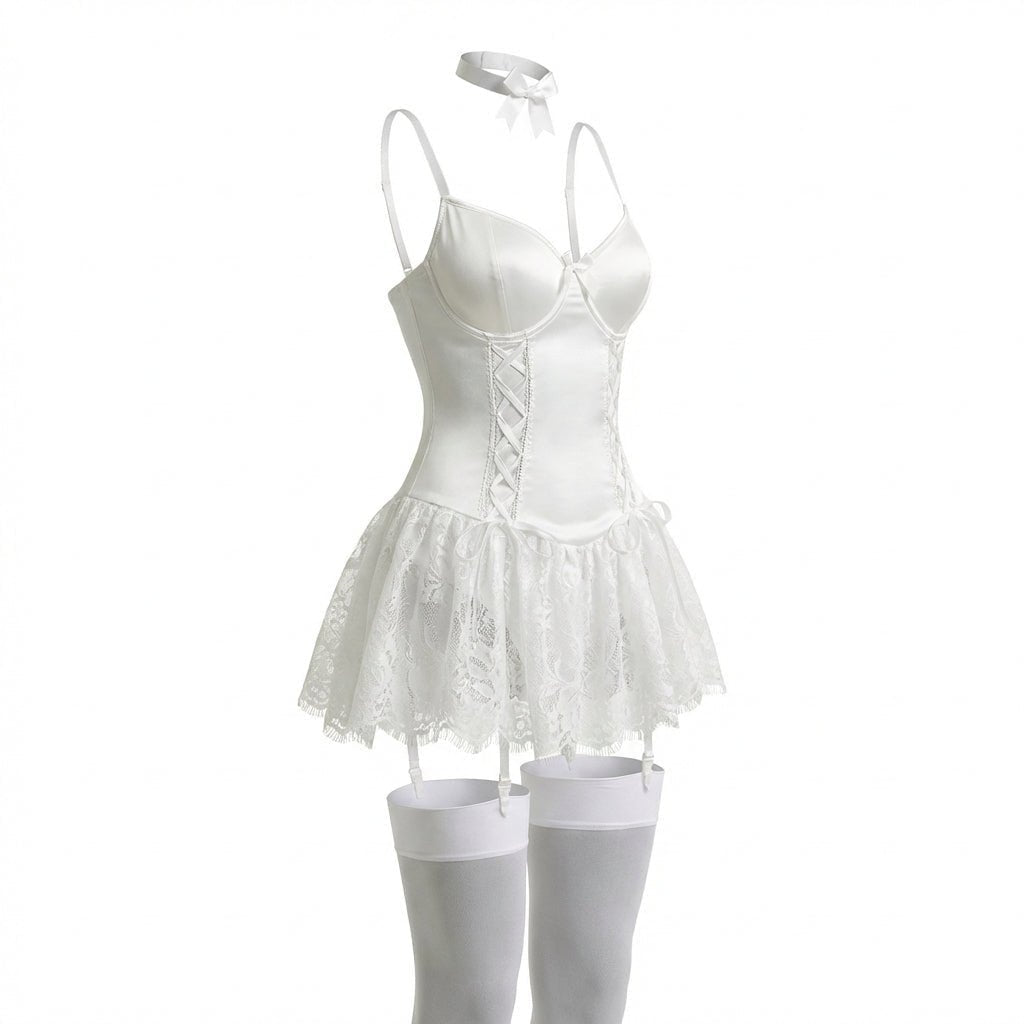 Damen Spitzen Bustier-Body mit Rüschen und Strumpfhaltern - White