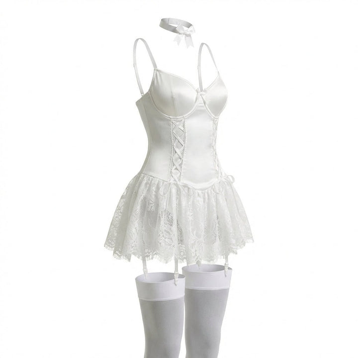 Damen Spitzen Bustier-Body mit Rüschen und Strumpfhaltern - White