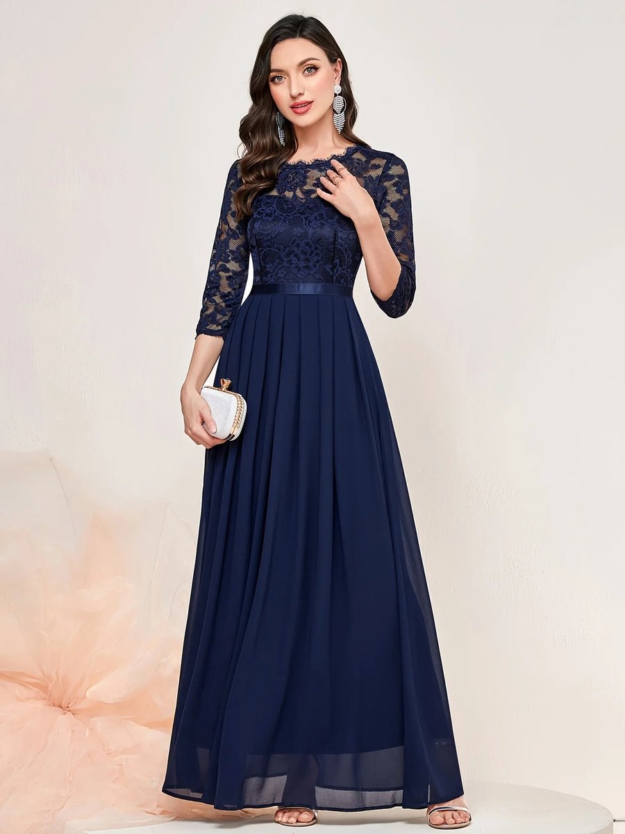 Damen Spitzen Chiffon Abendkleid Elegant Formal Dress Maxi