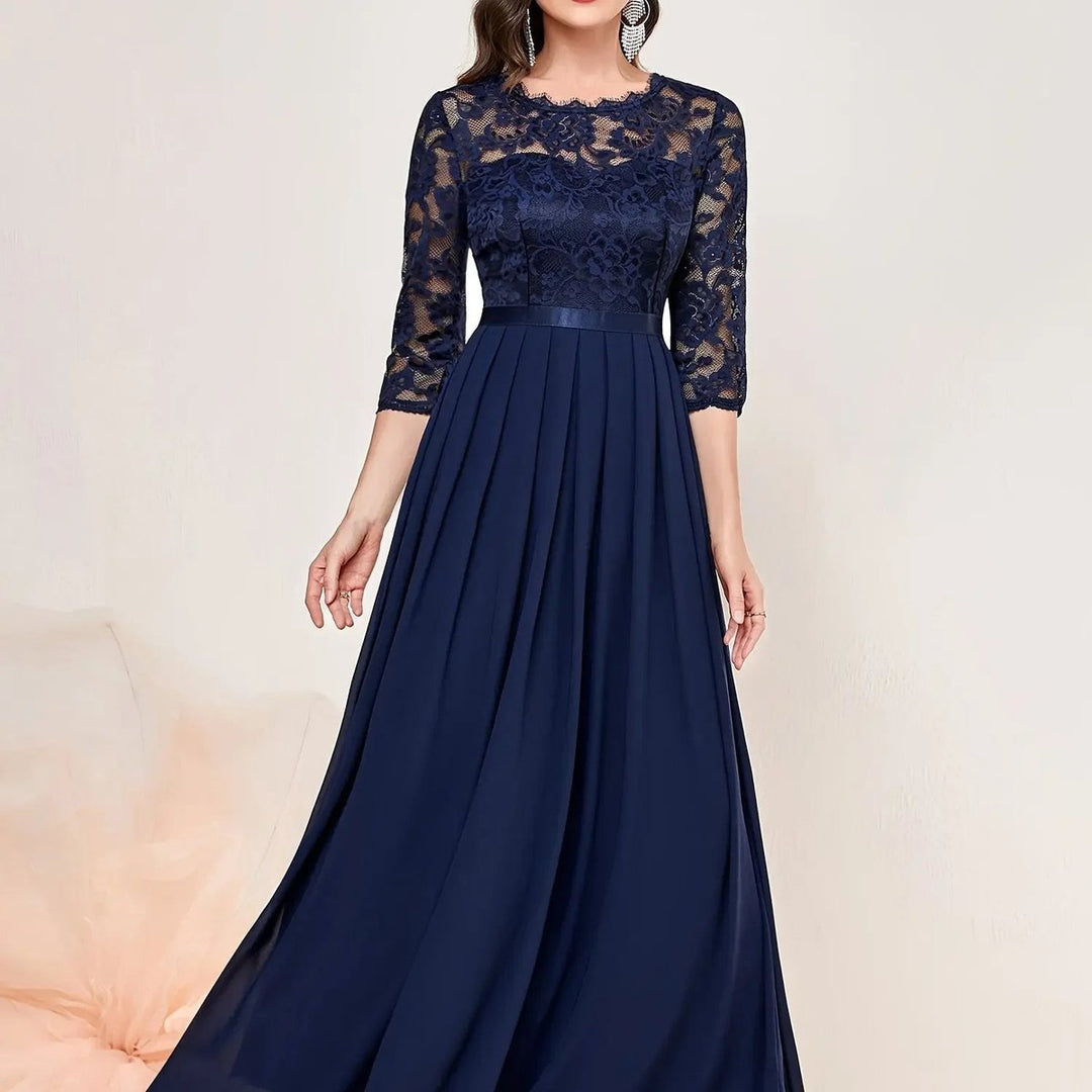 Damen Spitzen Chiffon Abendkleid Elegant Formal Dress Maxi - Blau