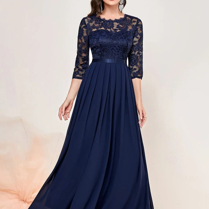 Damen Spitzen Chiffon Abendkleid Elegant Formal Dress Maxi - Blau