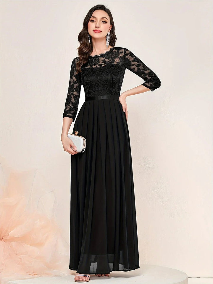 Damen Spitzen Chiffon Abendkleid Elegant Formal Dress Maxi - Schwarz