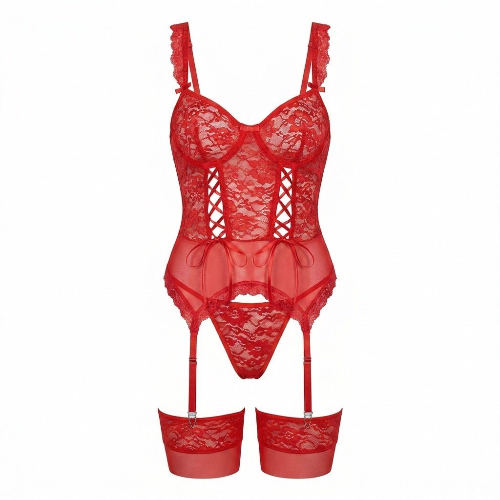 Damen Spitzen-Korsett Dessous-Set mit Strumpfgürtel - Red