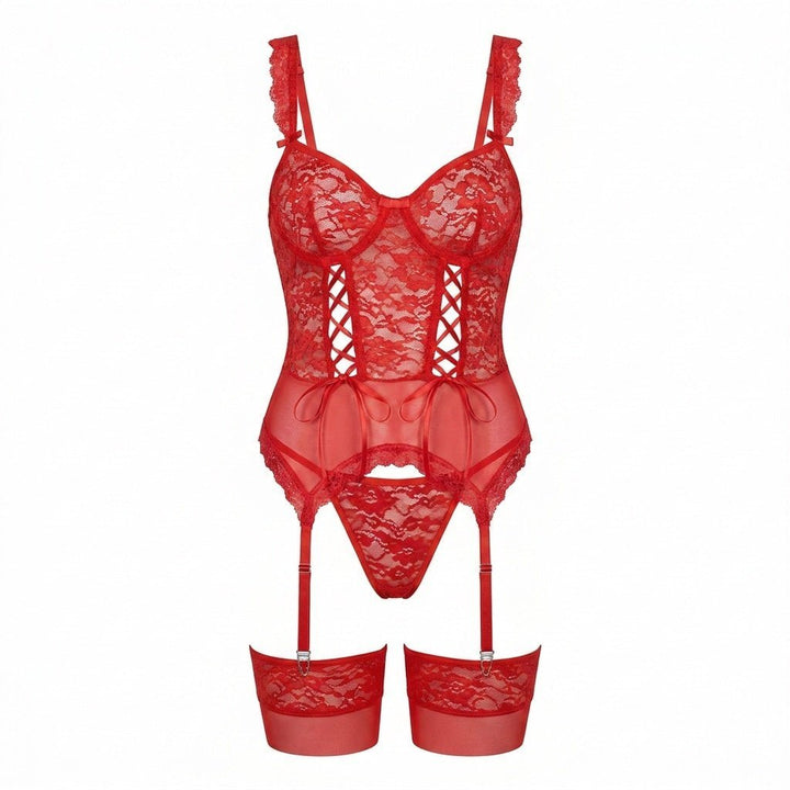 Damen Spitzen-Korsett Dessous-Set mit Strumpfgürtel - Red