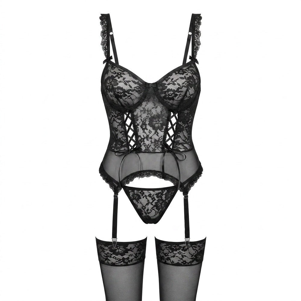 Damen Spitzen-Korsett Dessous-Set mit Strumpfgürtel - Black