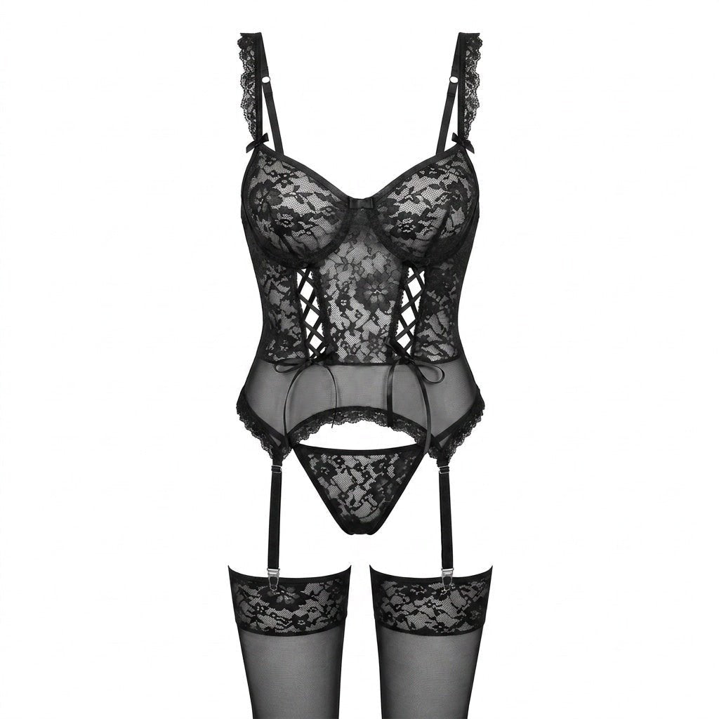 Damen Spitzen-Korsett Dessous-Set mit Strumpfgürtel - Black