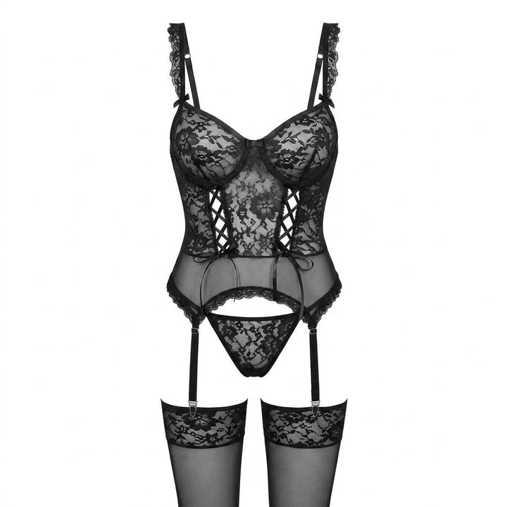 Damen Spitzen-Korsett Dessous-Set mit Strumpfgürtel - Black