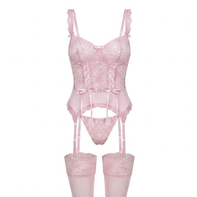 Damen Spitzen-Korsett Dessous-Set mit Strumpfgürtel - Pink