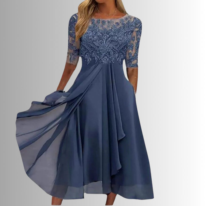 Damen Spitzen Midi Abendkleid Chiffon Formelles Kleid mit Halbarm - Blau