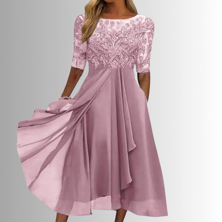 Damen Spitzen Midi Abendkleid Chiffon Formelles Kleid mit Halbarm - Rosa