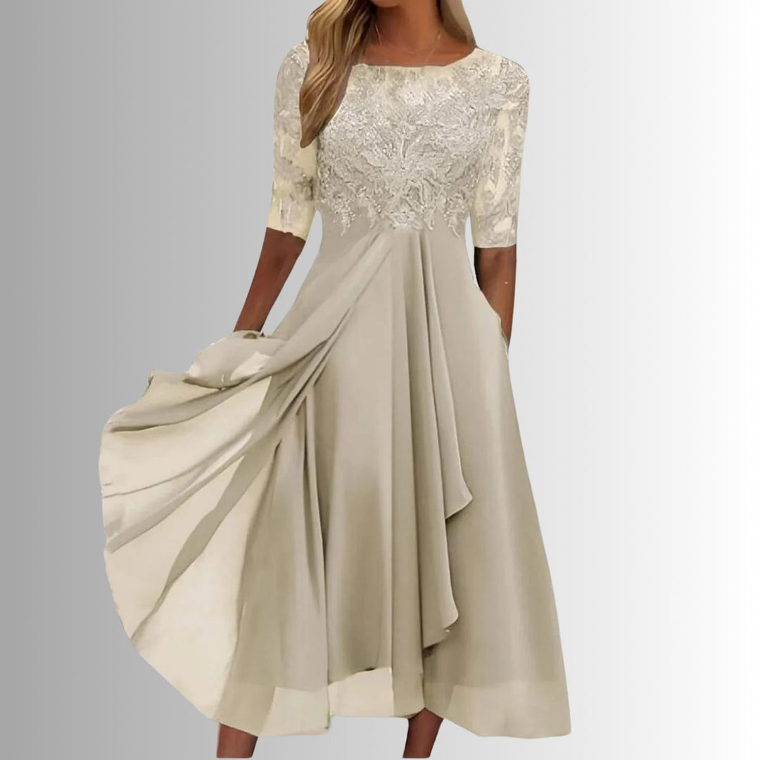 Damen Spitzen Midi Abendkleid Chiffon Formelles Kleid mit Halbarm - Creme