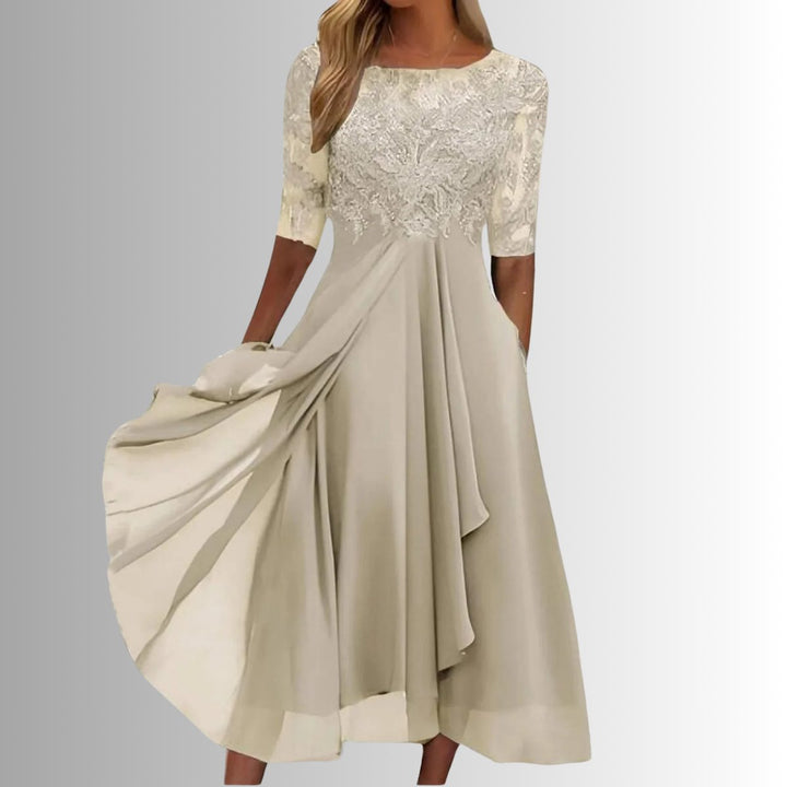 Damen Spitzen Midi Abendkleid Chiffon Formelles Kleid mit Halbarm - Creme