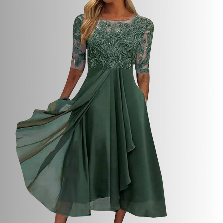 Damen Spitzen Midi Abendkleid Chiffon Formelles Kleid mit Halbarm - Grün