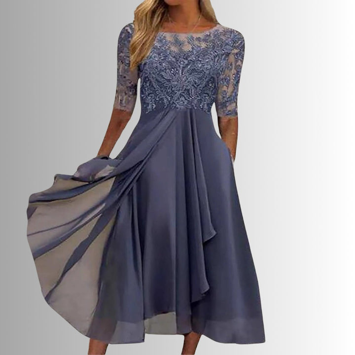 Damen Spitzen Midi Abendkleid Chiffon Formelles Kleid mit Halbarm - Lila