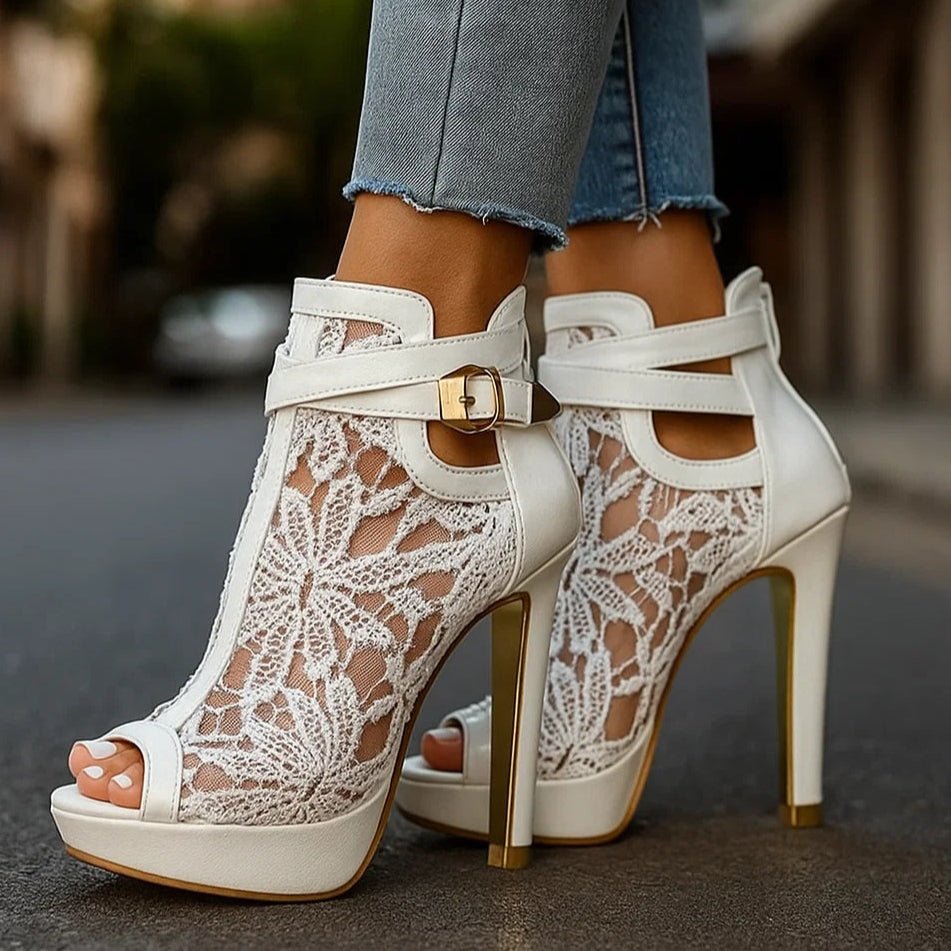 Damen Spitzen-Peeptoe-Stiletto-Ankle-Boots mit Knöchelriemen