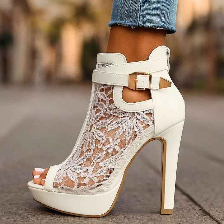 Damen Spitzen-Peeptoe-Stiletto-Ankle-Boots mit Knöchelriemen - Ivory White