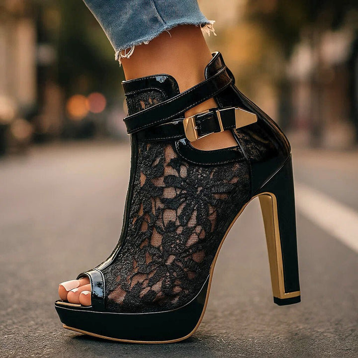 Damen Spitzen-Peeptoe-Stiletto-Ankle-Boots mit Knöchelriemen - Classic Black