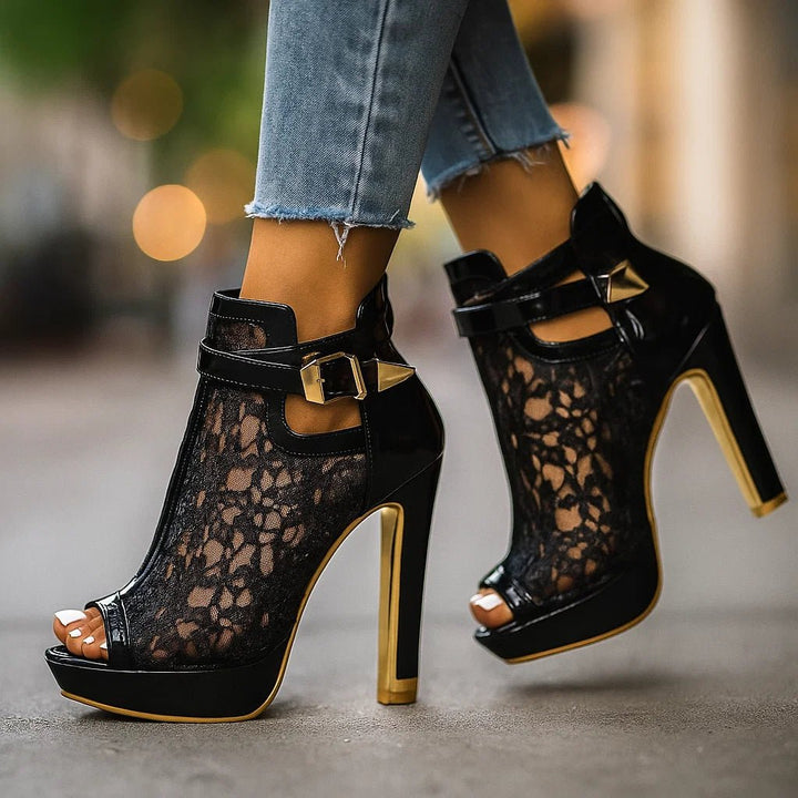 Damen Spitzen-Peeptoe-Stiletto-Ankle-Boots mit Knöchelriemen