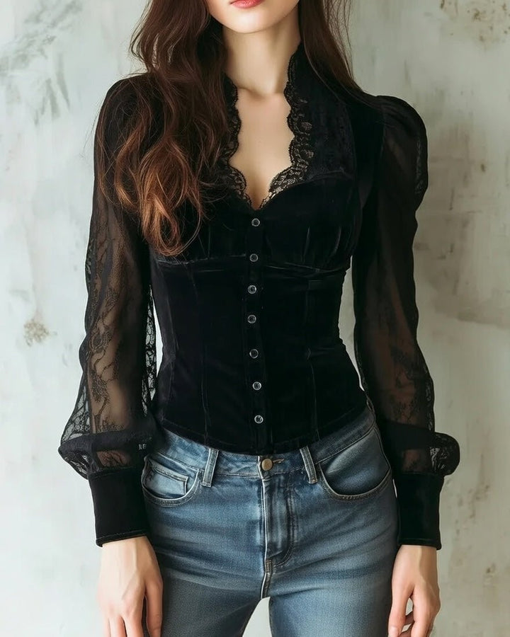 Damen Spitzenbluse figurbetontes Samtmieder transparente Ärmeln Knopfleiste - Black