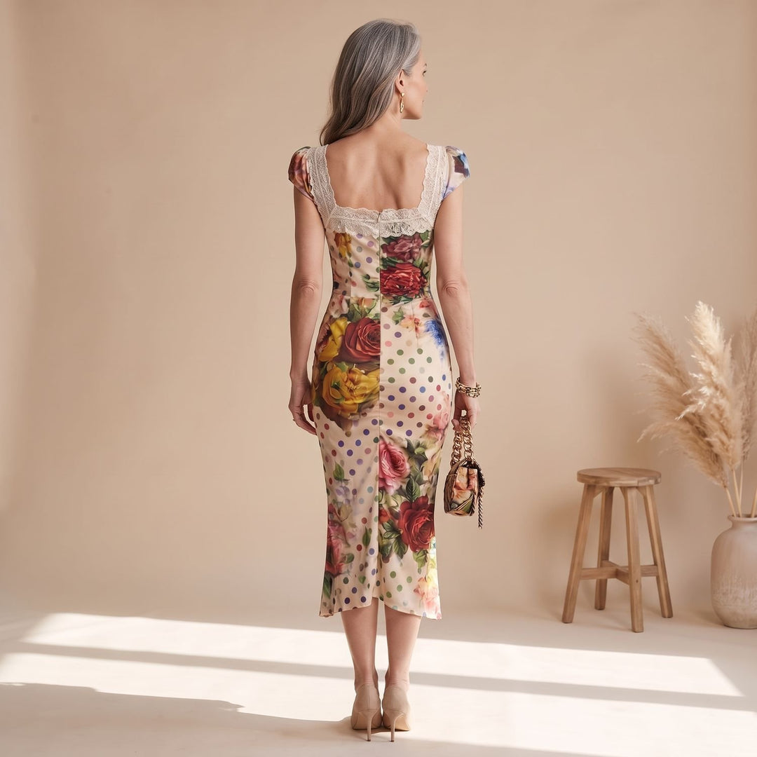 Damen Spitzenkleid Bodycon Midi Blumen Polka-Dot Rüschen