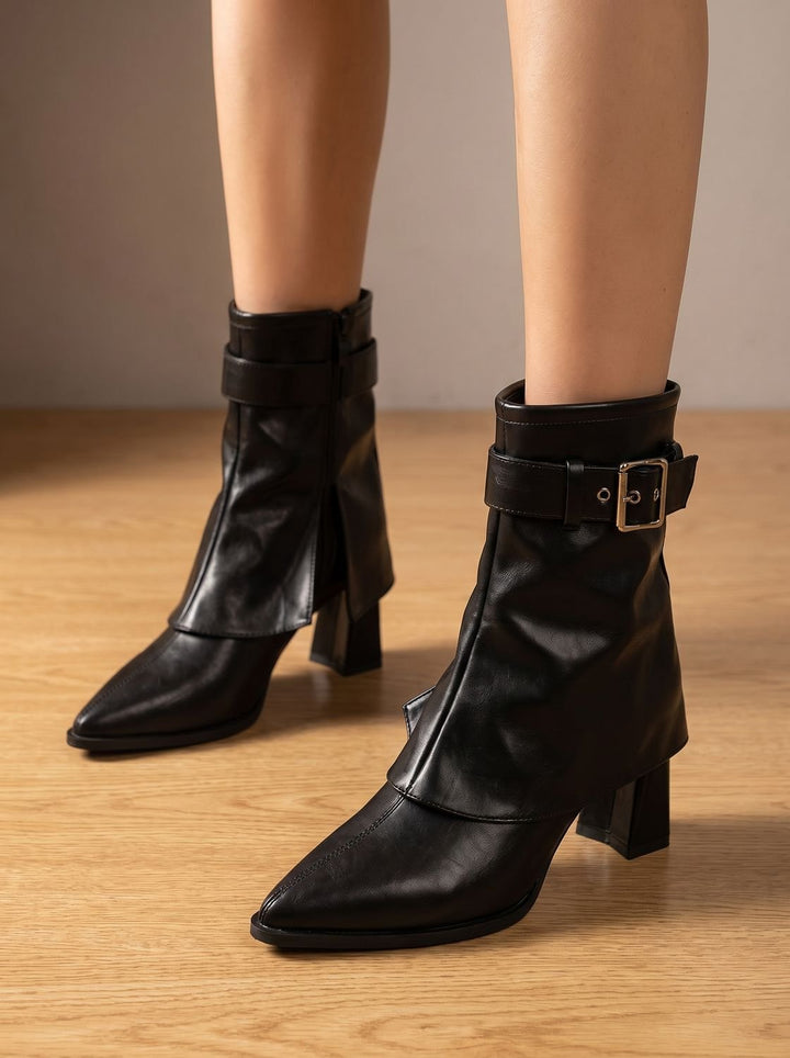 Damen Spitzkappe Blockabsatz Stiefeletten mit Schnallengürtel - Schwarz