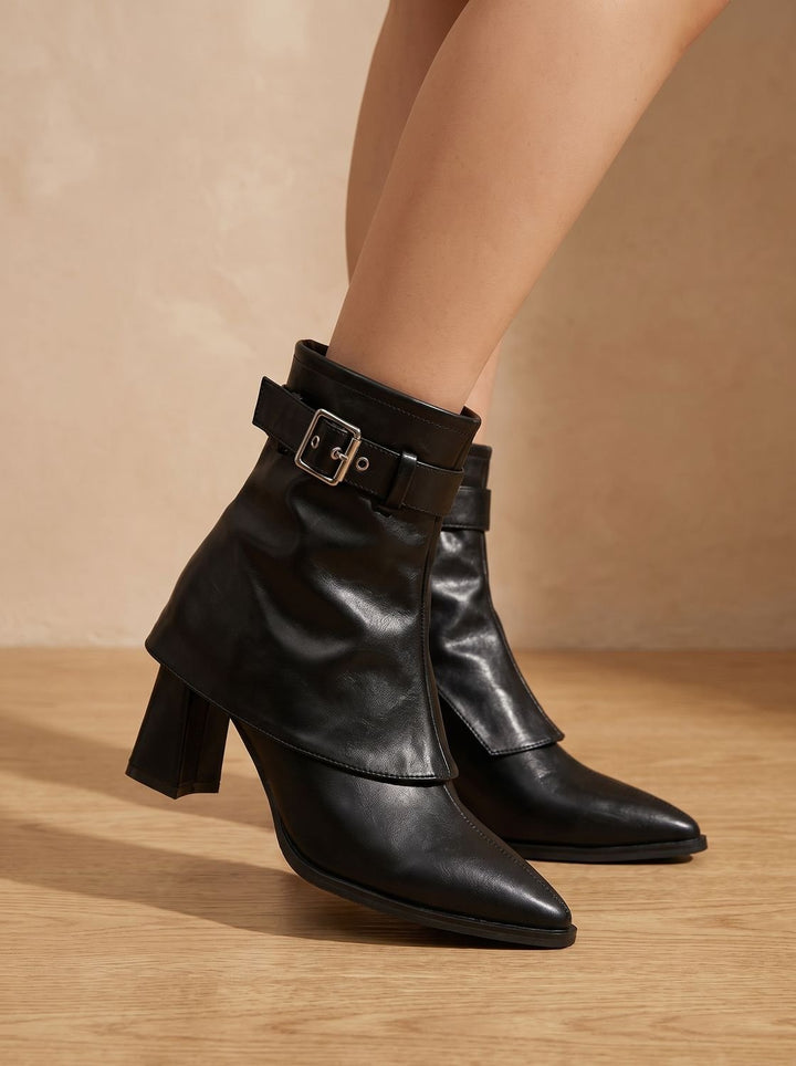 Damen Spitzkappe Blockabsatz Stiefeletten mit Schnallengürtel