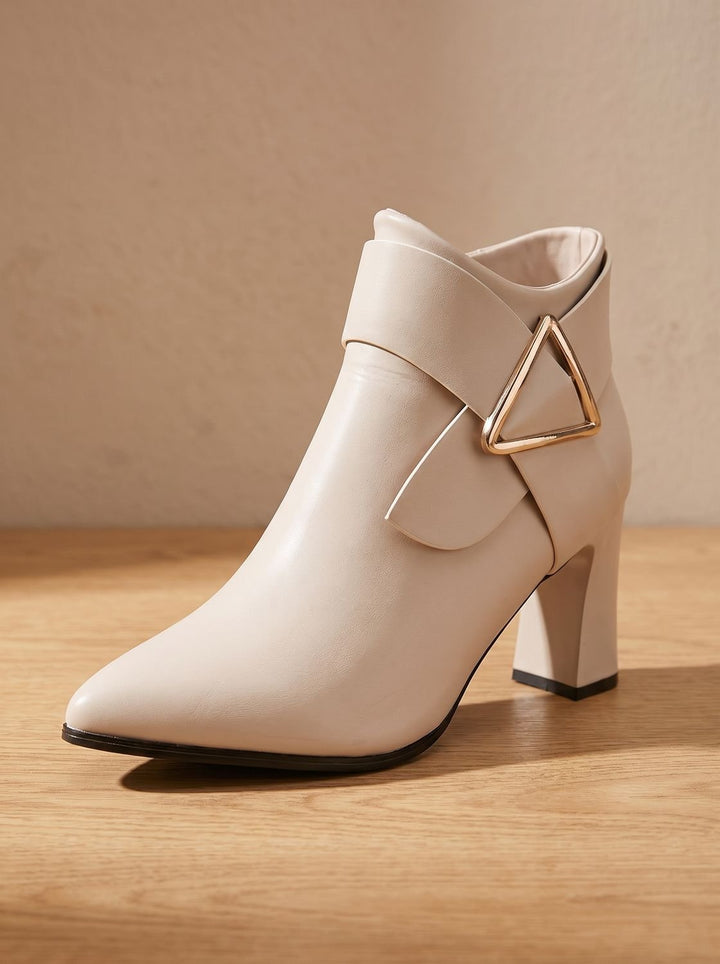 Damen Spitzschuh Ankle Boots mit Blockabsatz und Schnalle - Beige