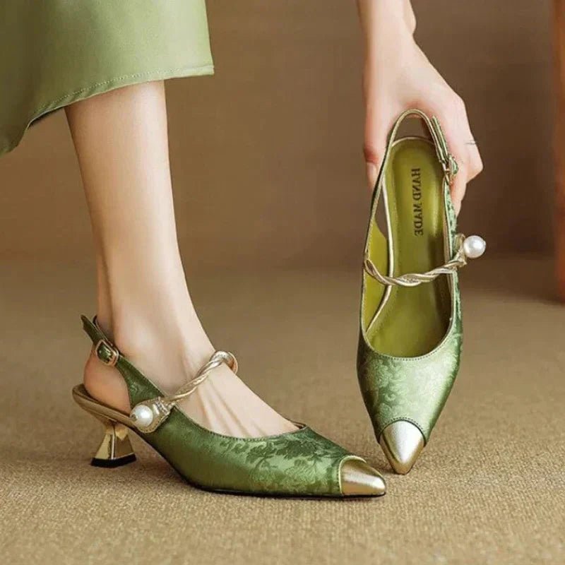 Damen Spitzschuh Kitten-Heel Slingback-Pumps Jacquard Perlenriemen - Green