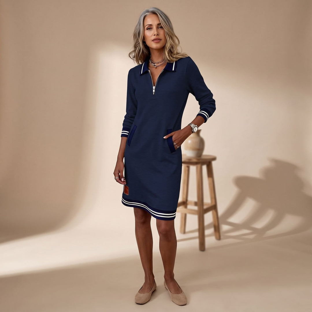 Damen Sporty-Chic Midikleid Langarm Reißverschlusskragen mit Taschen