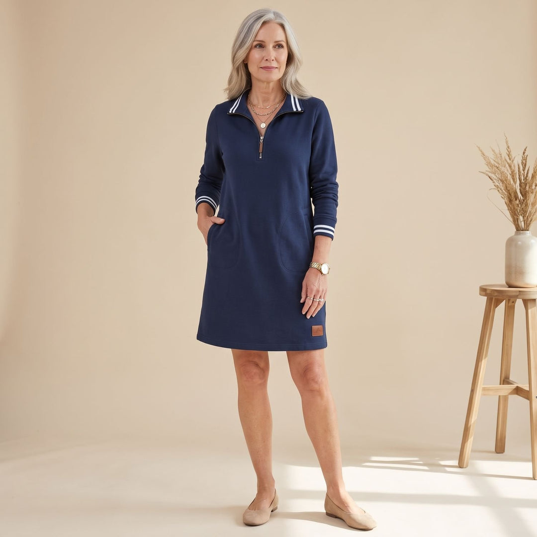 Damen Sporty-Chic Midikleid Langarm Reißverschlusskragen mit Taschen - Marineblau