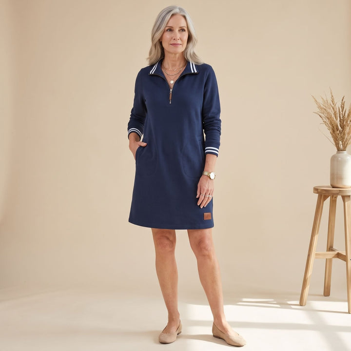 Damen Sporty-Chic Midikleid Langarm Reißverschlusskragen mit Taschen - Marineblau