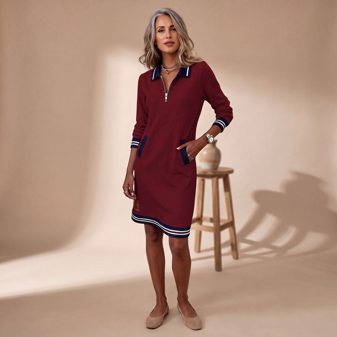 Damen Sporty-Chic Midikleid Langarm Reißverschlusskragen mit Taschen - Rot