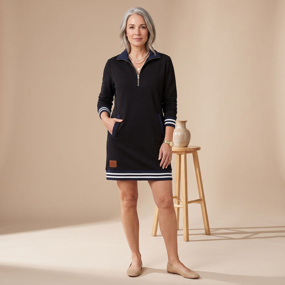 Damen Sporty-Chic Midikleid Langarm Reißverschlusskragen mit Taschen - Schwarz