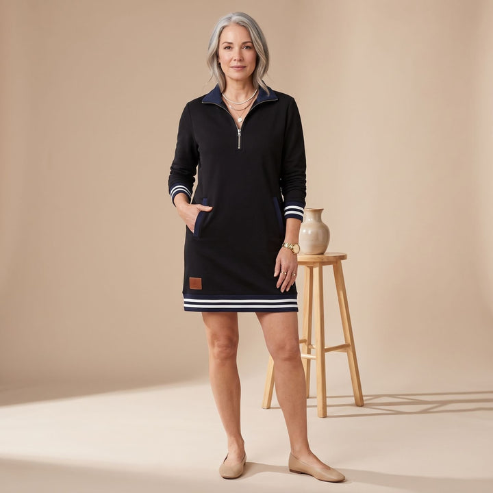 Damen Sporty-Chic Midikleid Langarm Reißverschlusskragen mit Taschen - Schwarz