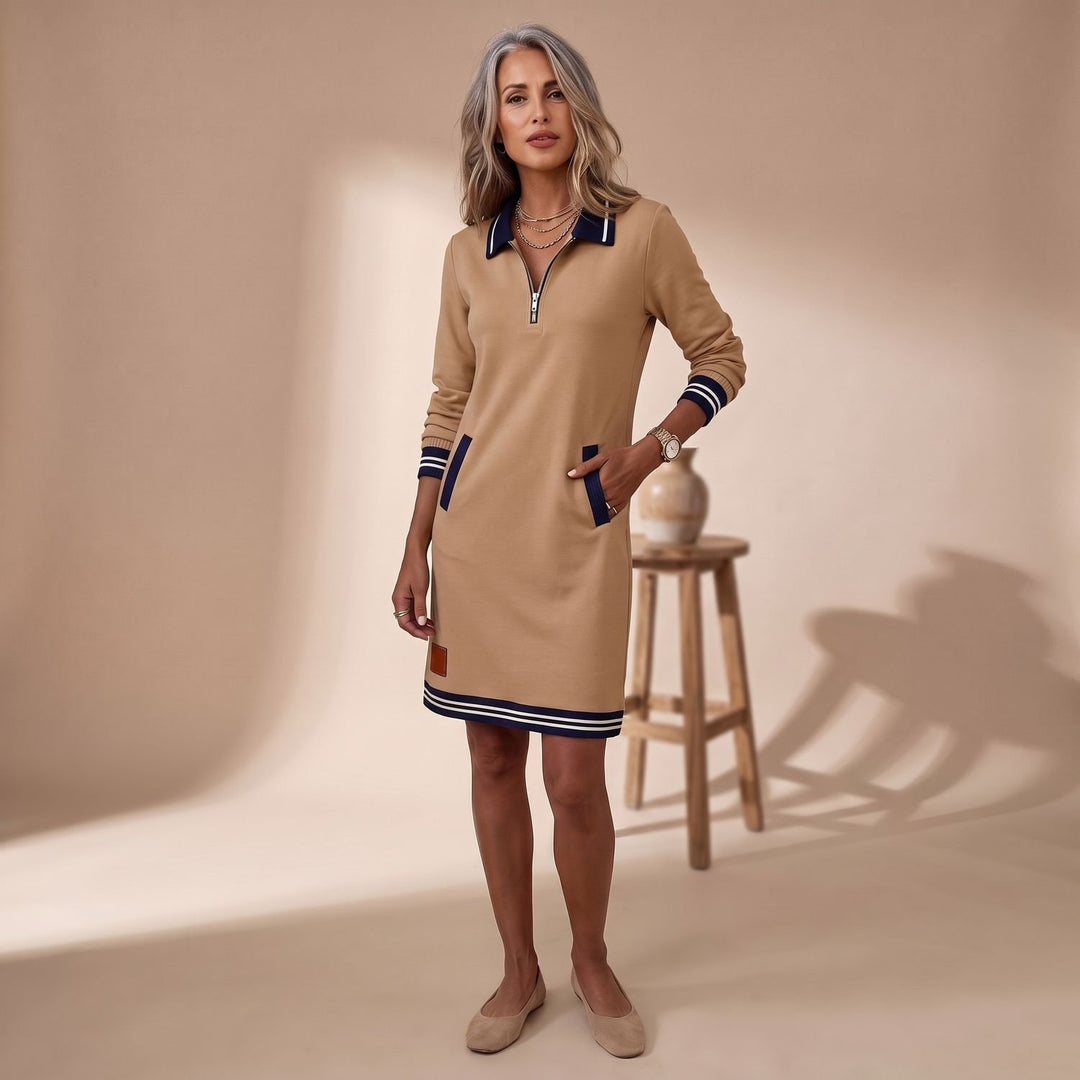 Damen Sporty-Chic Midikleid Langarm Reißverschlusskragen mit Taschen - Beige
