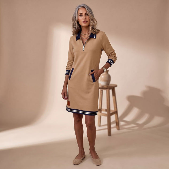 Damen Sporty-Chic Midikleid Langarm Reißverschlusskragen mit Taschen - Beige