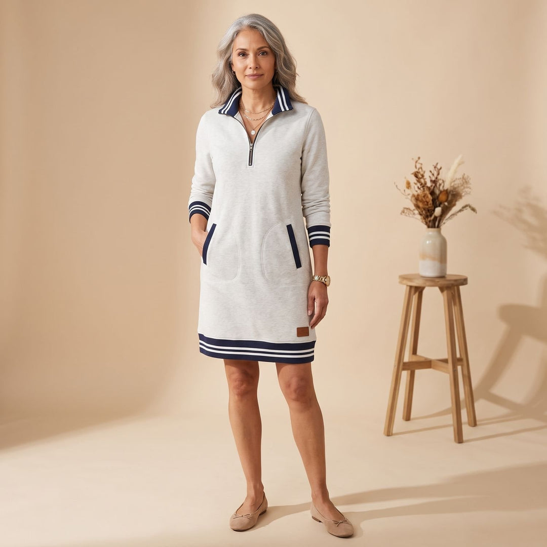 Damen Sporty-Chic Midikleid Langarm Reißverschlusskragen mit Taschen - Grau