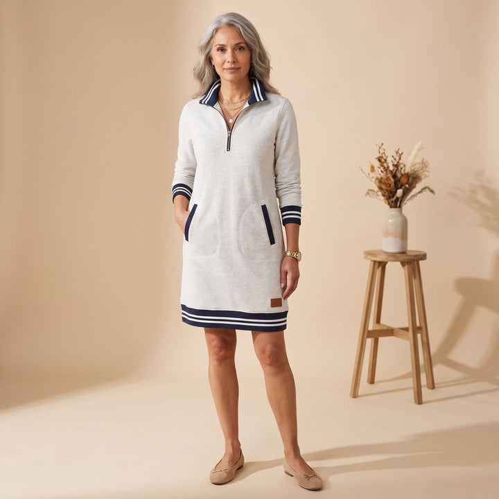 Damen Sporty-Chic Midikleid Langarm Reißverschlusskragen mit Taschen - Grau
