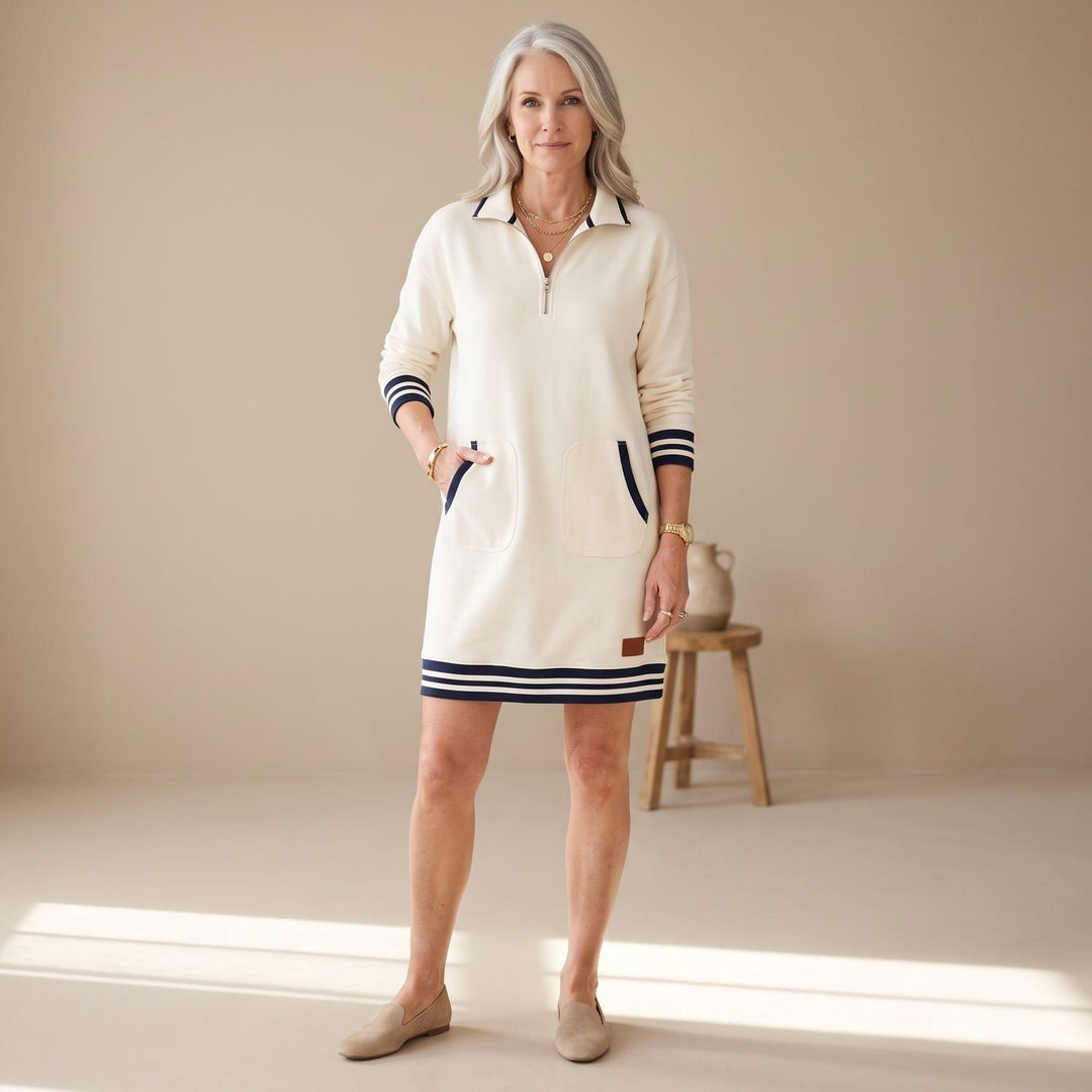 Damen Sporty-Chic Midikleid Langarm Reißverschlusskragen mit Taschen - Weiß