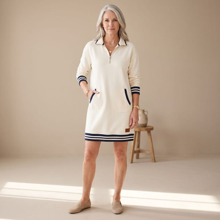 Damen Sporty-Chic Midikleid Langarm Reißverschlusskragen mit Taschen - Weiß