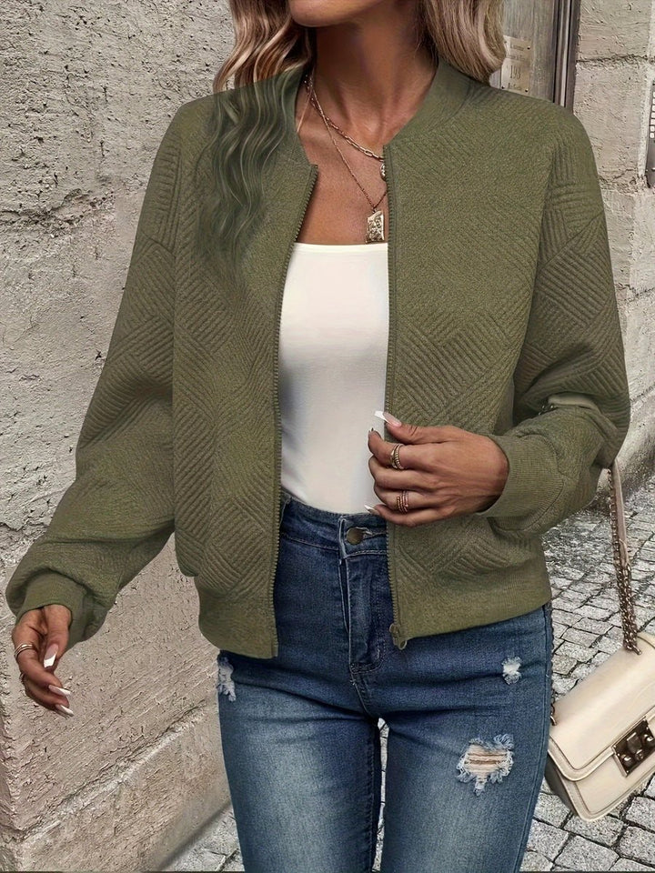 Damen Steppjacke leichte Zip-Up Bomberjacke strukturierter Stoff - Olivgrün