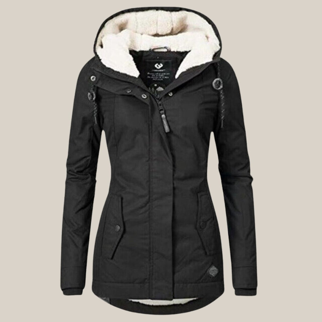 Damen Steppjacke mit Fleecefutter Kapuze Winterjacke - Schwarz