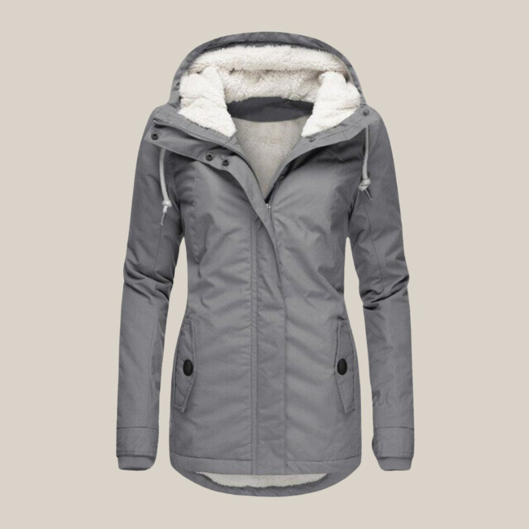 Damen Steppjacke mit Fleecefutter Kapuze Winterjacke - Grau