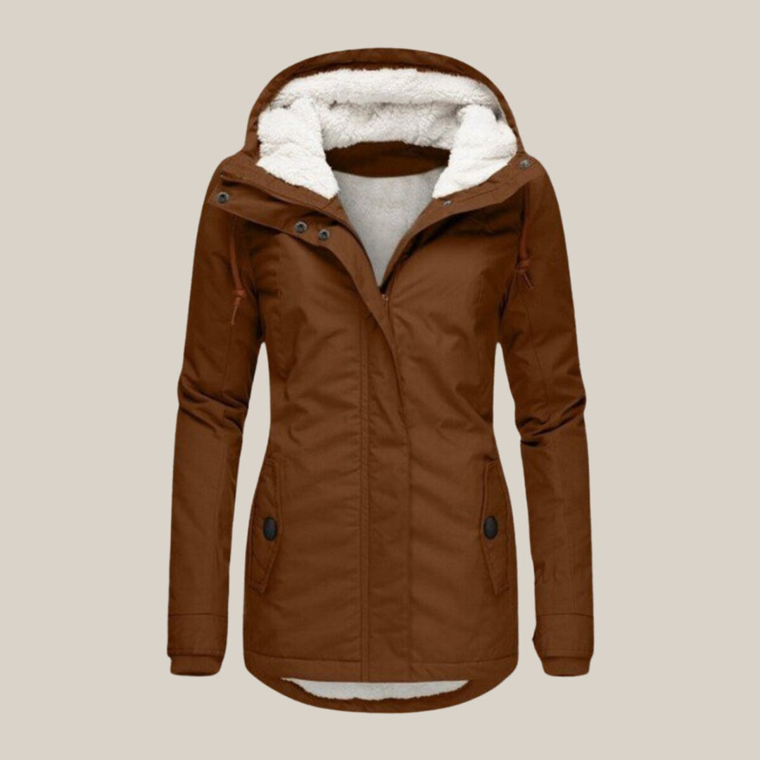 Damen Steppjacke mit Fleecefutter Kapuze Winterjacke - Braun