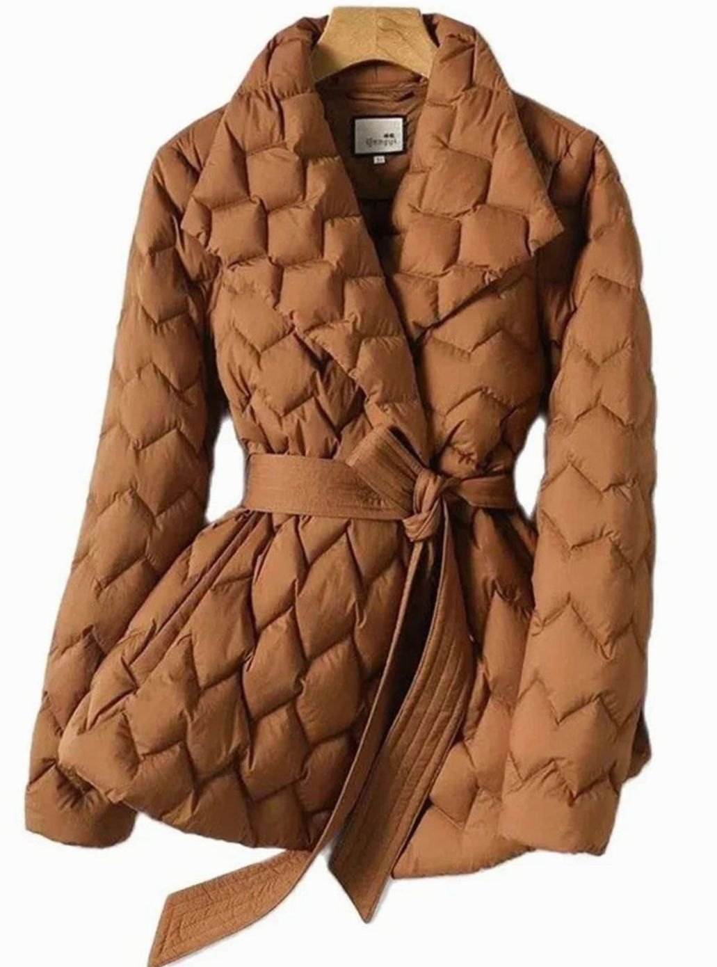Damen Steppjacke mit Gürtel Tailliert Wattierter Wintermantel - Karamell
