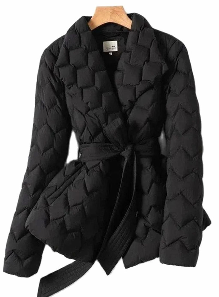 Damen Steppjacke mit Gürtel Tailliert Wattierter Wintermantel - Schwarz