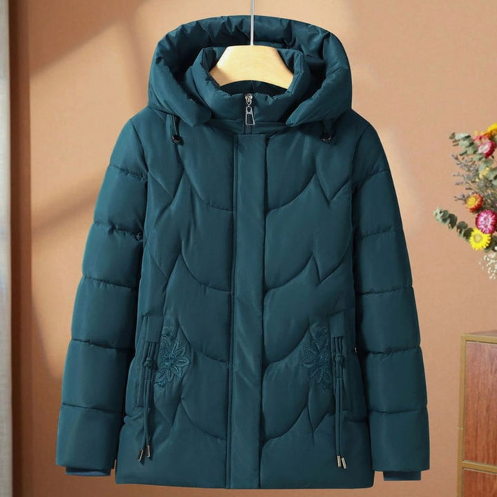 Damen Steppjacke mit Kapuze Blumenstickerei Winterjacke tailliert - Blau