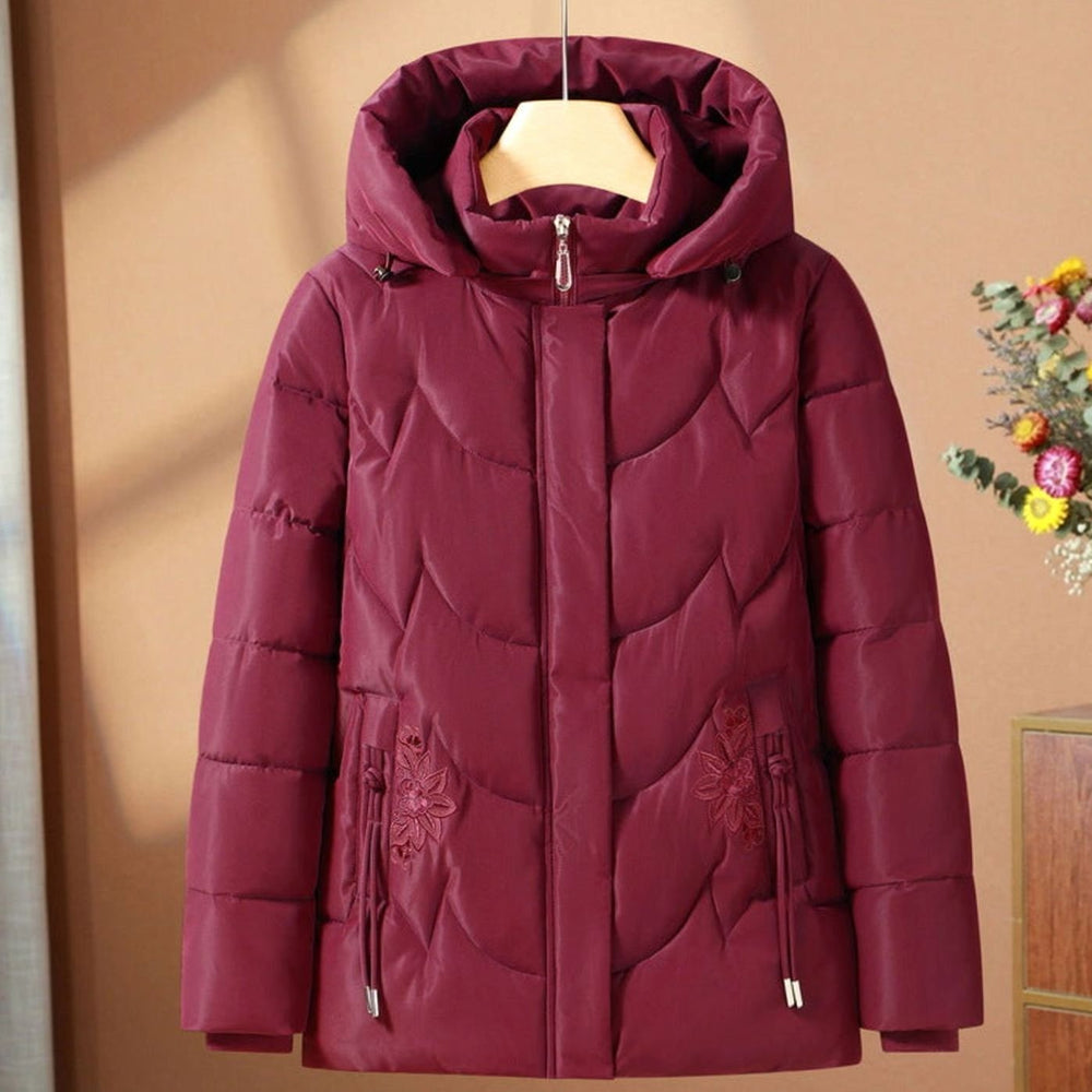 Damen Steppjacke mit Kapuze Blumenstickerei Winterjacke tailliert - Rot