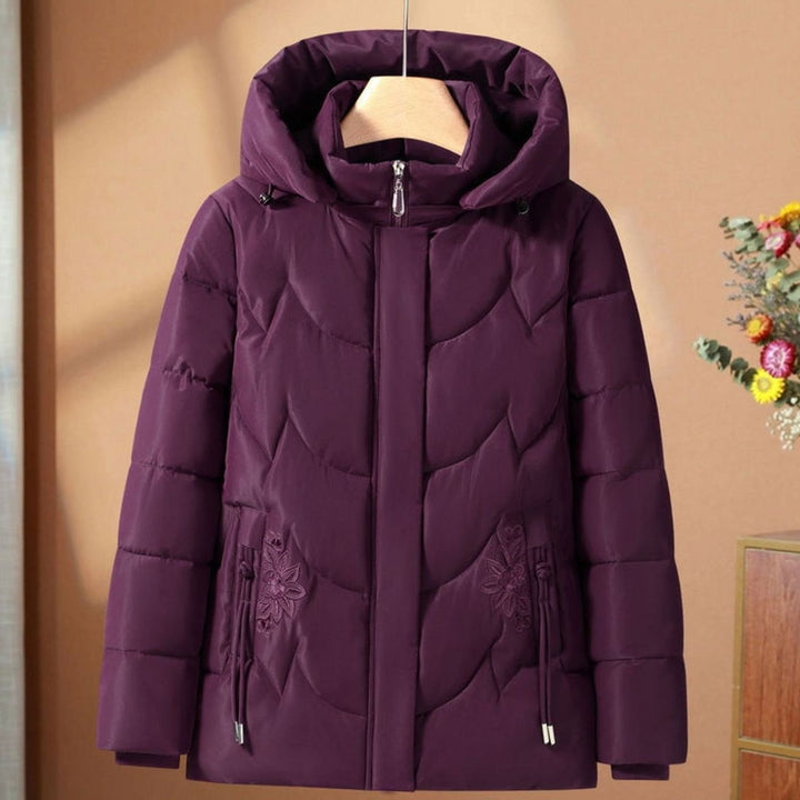 Damen Steppjacke mit Kapuze Blumenstickerei Winterjacke tailliert