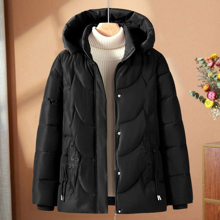 Damen Steppjacke mit Kapuze Blumenstickerei Winterjacke tailliert - Schwarz